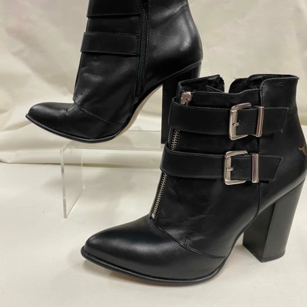 WINDSOR SMITH Black Leather Buckle High Heeled Ankle Boots - Picture 7 of 9